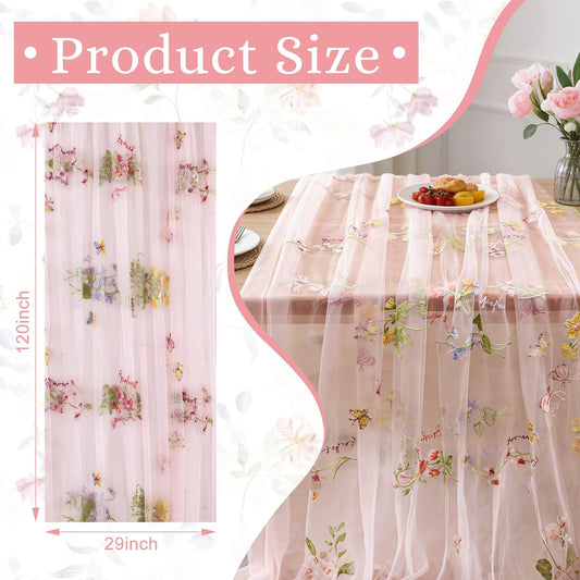 BINBE 1pcs Pink Florals Table Runner Embroidery Gauze 10FT Daisy Seasonal Tulle Birthday Wedding Holiday Kitchen Dining Table Decor for Home Party