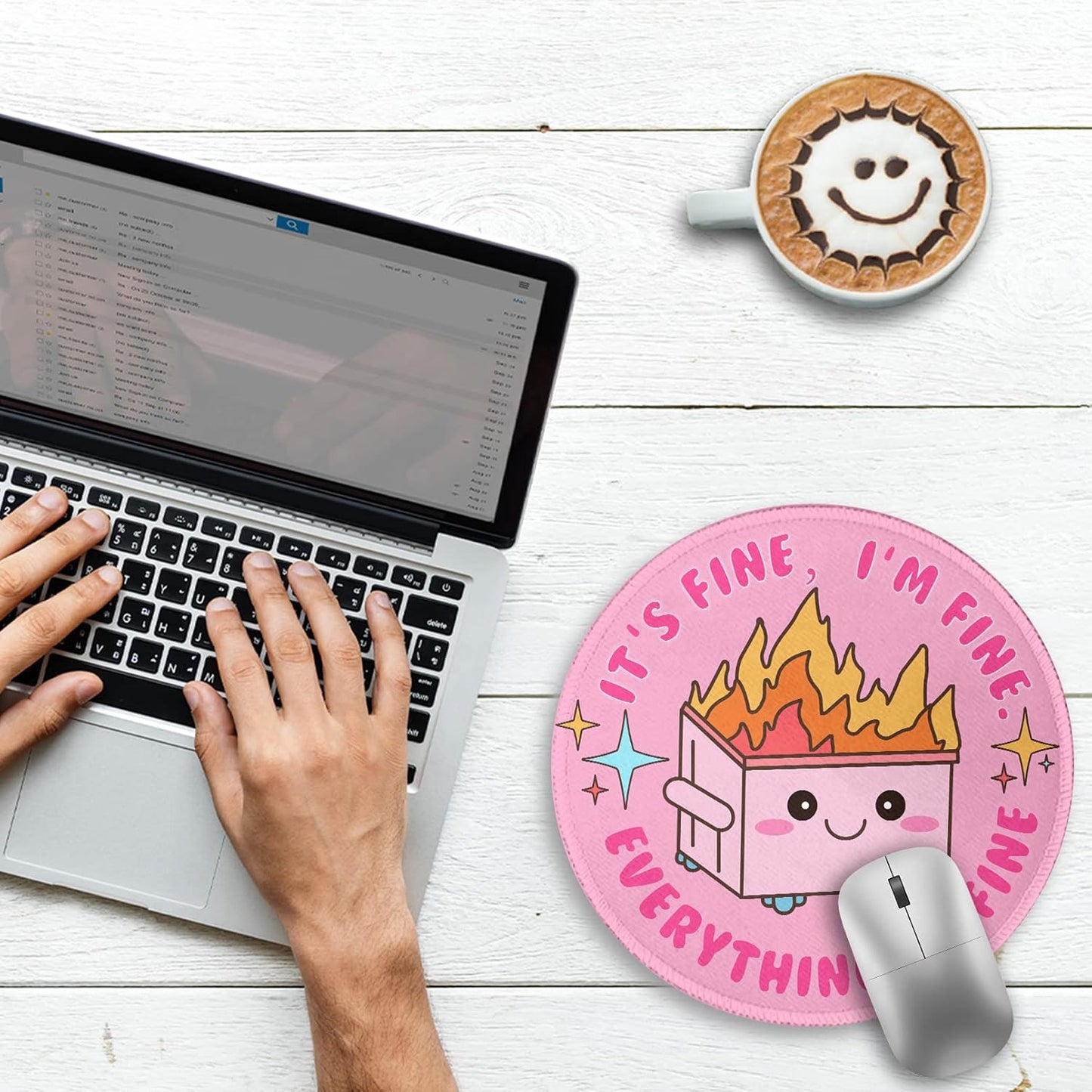 Pink Round Mouse Pad for Desk, Cute Office Decor for Women, Dumpster on Fire Small Mousepad，Stitched Edge Non-Slip Rubber Base, Personalized Computer Mouse Pads for Wireless Mouse，Desk Accessories