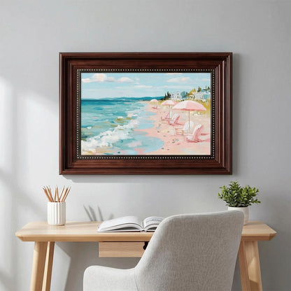 Framed Pastel Coastal Canvas Wall Art Pink Beach Umbrella Painting Picture Wall Decor Tropical Beach Scene Poster Print Artwork for Preppy Living Bedroom Bathroom Home Decoration 9x11 in