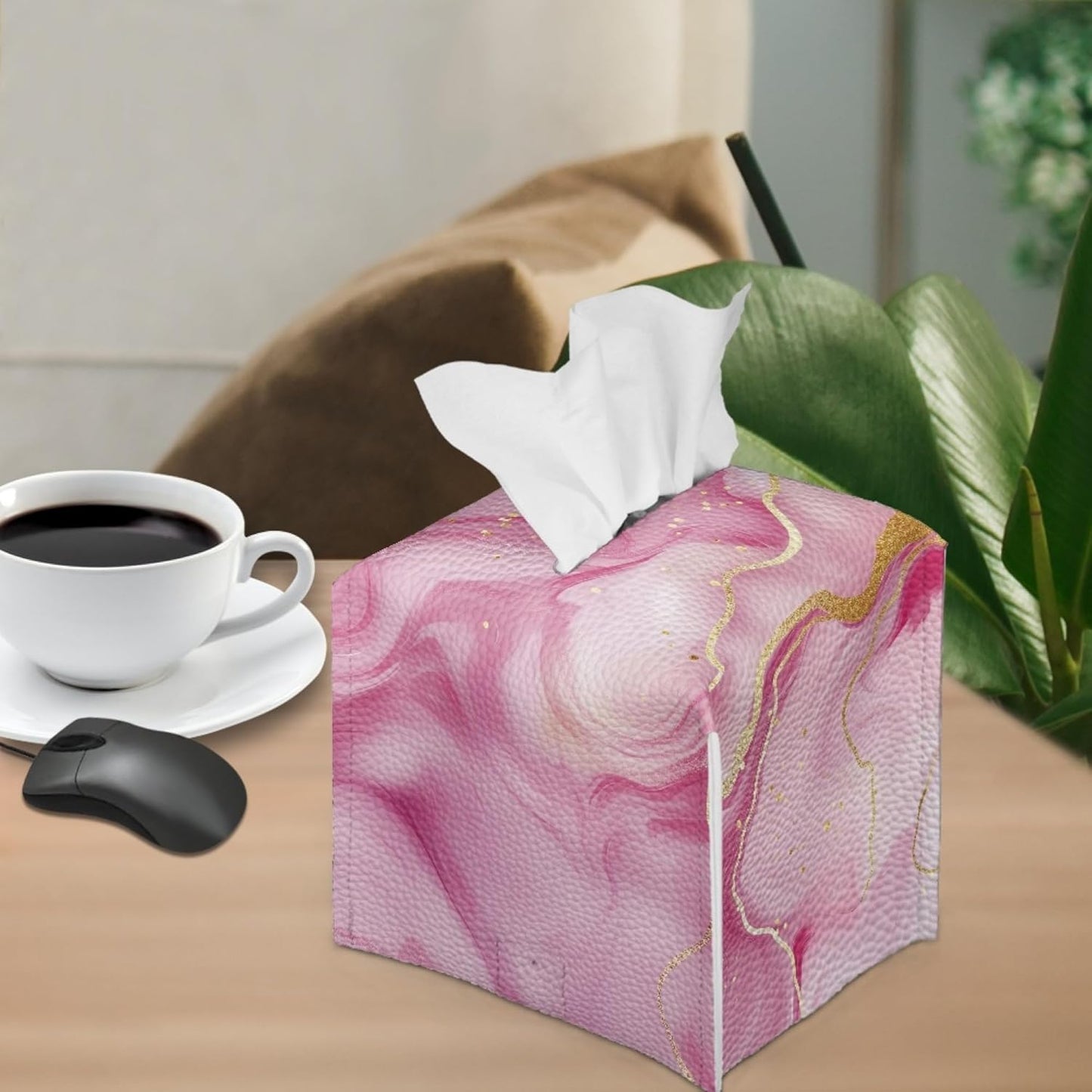 ZFRXIGN Pink Marble Print Tissue Box Cover - Square Tissue Box Holder for Bathroom, Dresser, Vanity, Countertop, Tabletop, Office, Car