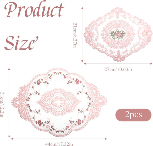 2 Pcs Retro Pink Lace Placemats, Vintage Flower Lace Doilies for Tables Oval Embroidered Cup Table Mats French Crochet Doilies for Wedding Cup Vase Table Decor