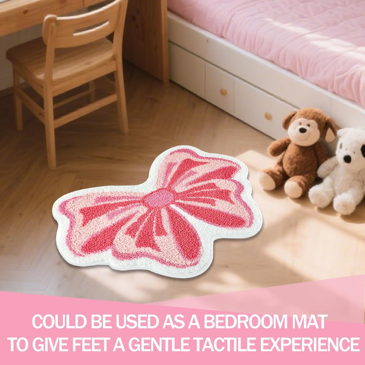 Pink Bow Bathroom Rug, Soft Tufted Plush Washable Non-Slip Kawaii Bow Bath Mat, Bedroom Kitchen Floor Door Mat for Home