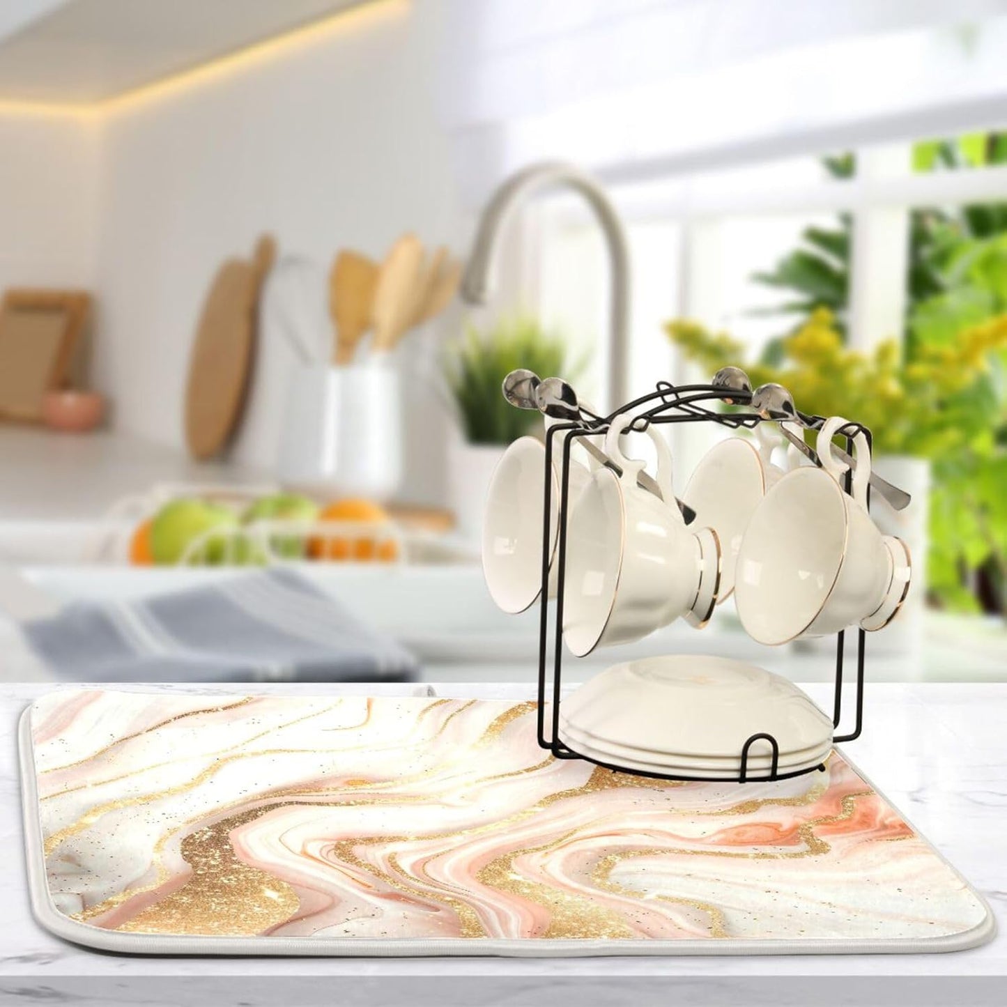 Qilmy Rose Gold Marble Dish Drying Mat Absorbent Reversible Dish Drainer Pad Tableware Mat for Kitchen Counter Home Decoration, 16 x 18 Inch