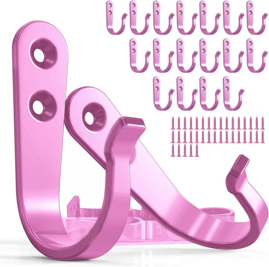 BREYDROK 20PCS Pink Heavy Duty Single Prong Metal Wall Hooks for Coats, Towels, Backpacks, Hats, Dog Leashes (20 Hooks + 40 Screws)
