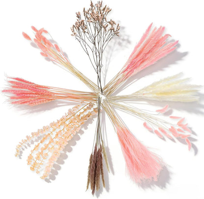 Thiccywoov 120 Pcs Pink Natural Dried Pampas Grass Fall Decor 17 Inches Autumn Fluffy Grass Bouquet Eucalyptus Boho Decor for Vase Wedding Floral Room Home Party Table Centerpieces Decorations