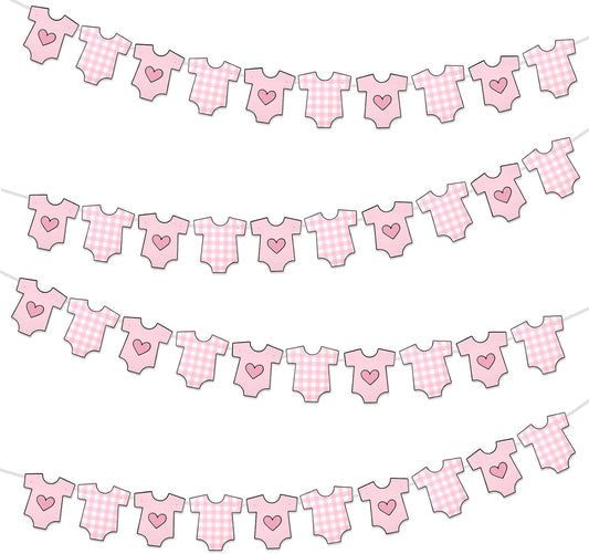 4 Pack Baby Shower Banner, Bodysuit Pink Baby Shower Decorations for Girl, Boy Girl Pink Bodysuit Banner Paper Garland Party Decor Supplies for Birthday Baby Gender Reveal Decorations Photo Props