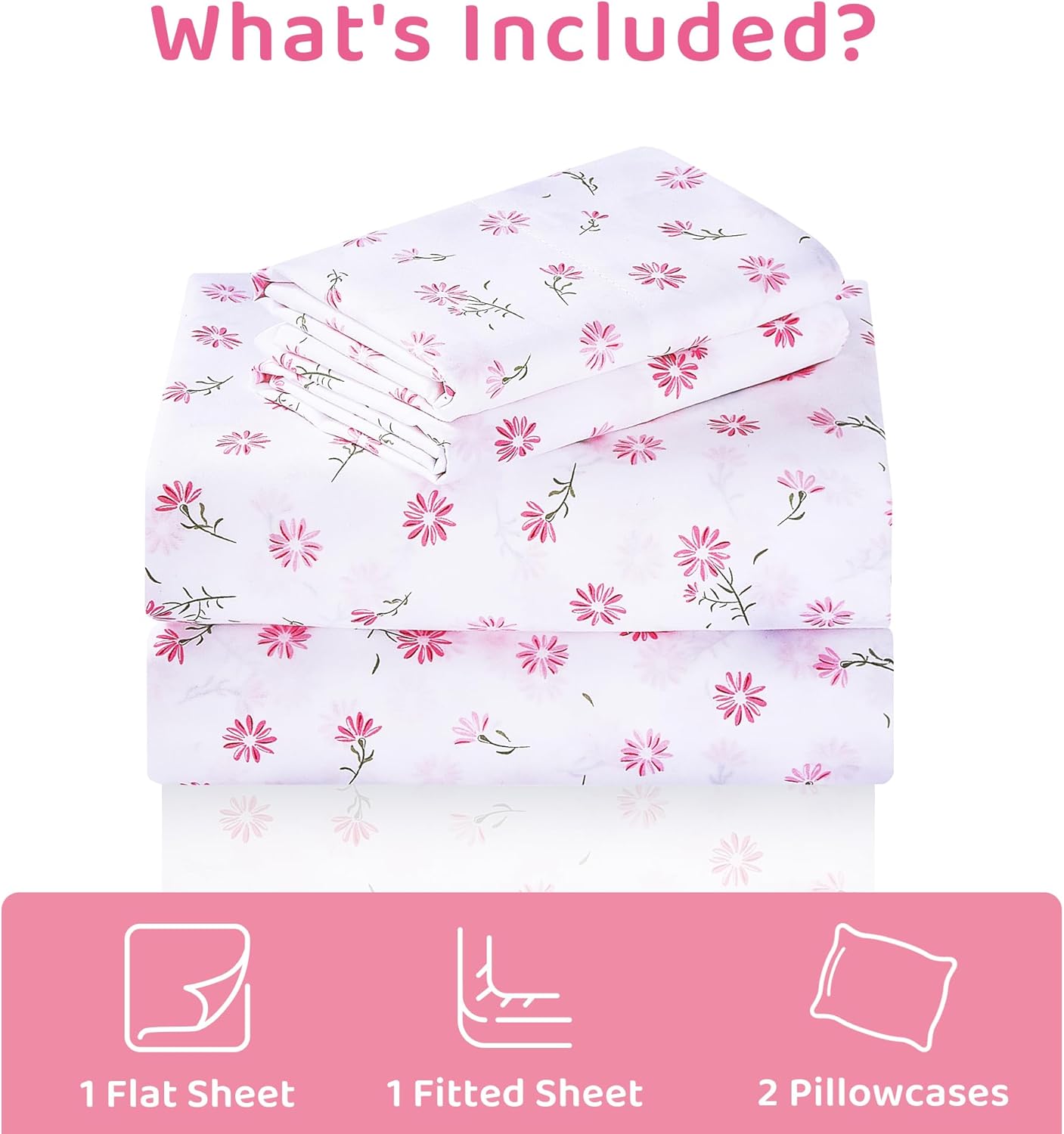 Mooreeke Cozy Vintage Microfiber Printed Floral Queen Sheet Set - Soft & Breathable Pink Daisy Bed Sheets with Extra Deep Pocket - Non-Slip Fitted Design - Daisy Pattern - Queen