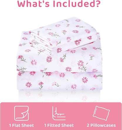 Mooreeke Cozy Vintage Microfiber Printed Floral Queen Sheet Set - Soft & Breathable Pink Daisy Bed Sheets with Extra Deep Pocket - Non-Slip Fitted Design - Daisy Pattern - Queen