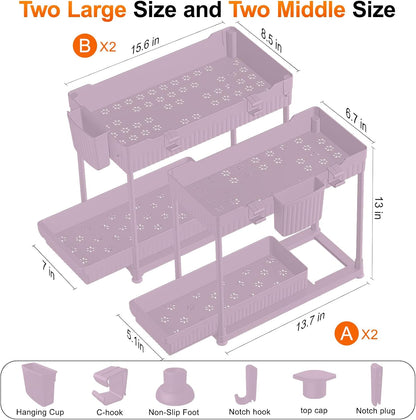 Sevenblue Under Sink Organizer, Bathroom Organizers and Storage, 2 Tier Multi-Use Pull Out Cabinet Organizer with Hang Hooks and Cups (Pink, 4 Pack)