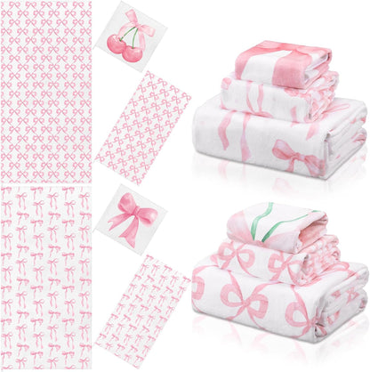 VitalCozy Set of 6 Pink Bow Bathroom Towels Set Coquette Cute Bow Beach Towel for Woman Pink Bathroom Decor Pool Bath Supplies for Swimming Sport Shower Hotel Supplies
