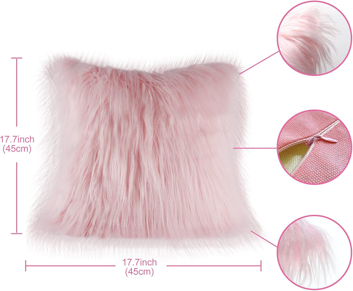 AerWo Set of 2 Pink Fluffy Pillow Covers, New Luxury Series Merino Style Blush Faux Fur Decorative Throw Pillow Covers Square Fuzzy Cushion Case 18x18 Inch