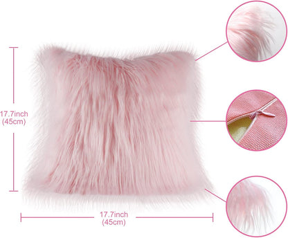 AerWo Set of 2 Pink Fluffy Pillow Covers, New Luxury Series Merino Style Blush Faux Fur Decorative Throw Pillow Covers Square Fuzzy Cushion Case 18x18 Inch