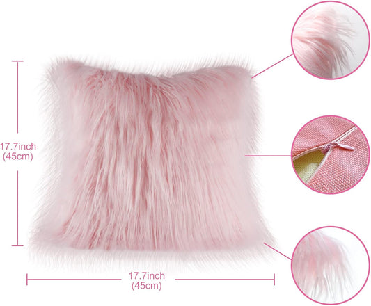 AerWo Set of 2 Pink Fluffy Pillow Covers, New Luxury Series Merino Style Blush Faux Fur Decorative Throw Pillow Covers Square Fuzzy Cushion Case 18x18 Inch