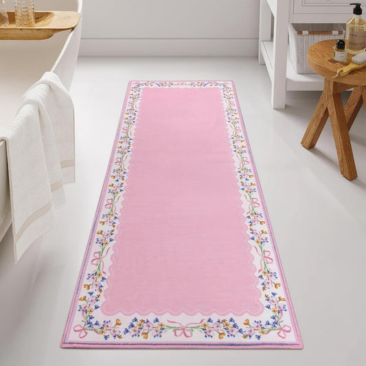 SHIYUE Boho Floral Bathroom Rugs, Ultra Soft Microfiber Water Absorption Non Slip Mat for Shower Bedroom Farmhouse Entryway Deco(18" x 47" Pink Bow)