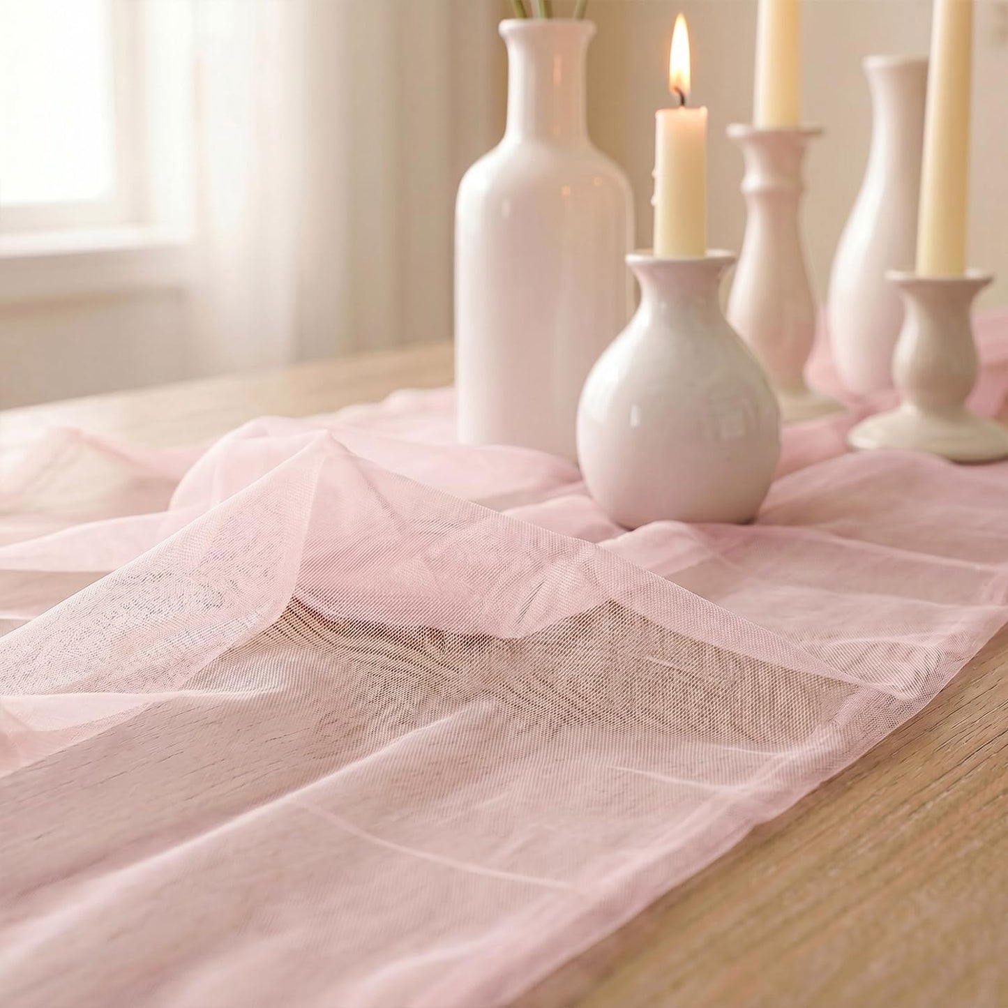 Artoid Mode 6Pcs Blushing Pink Gauze Table Runner 28x120Inch, Seasonal Sheer Kitchen Dining Holiday Wedding Birthday Baby Shower Table Decor for Home Party