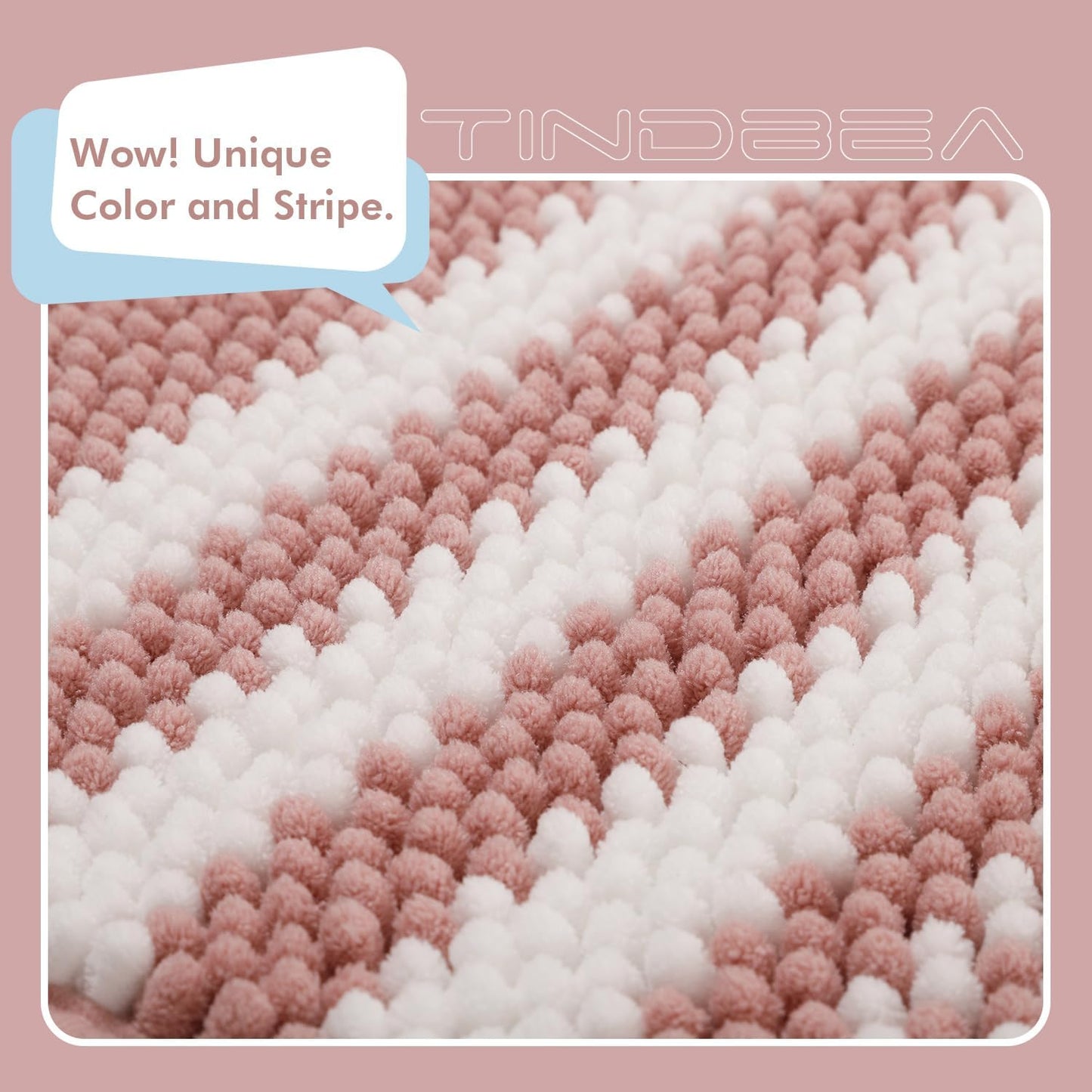 Tindbea Bathroom Rugs Set 2 Piece, Extra Soft and Absorbent Fluffy Striped Chenille Bath Mat Rug Set, Non Slip Bathroom Floor Mat, Machine Washable (20" x 32" Plus 16" x 24", Pink)