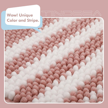 Tindbea Bathroom Rugs Set 2 Piece, Extra Soft and Absorbent Fluffy Striped Chenille Bath Mat Rug Set, Non Slip Bathroom Floor Mat, Machine Washable (20" x 32" Plus 16" x 24", Pink)