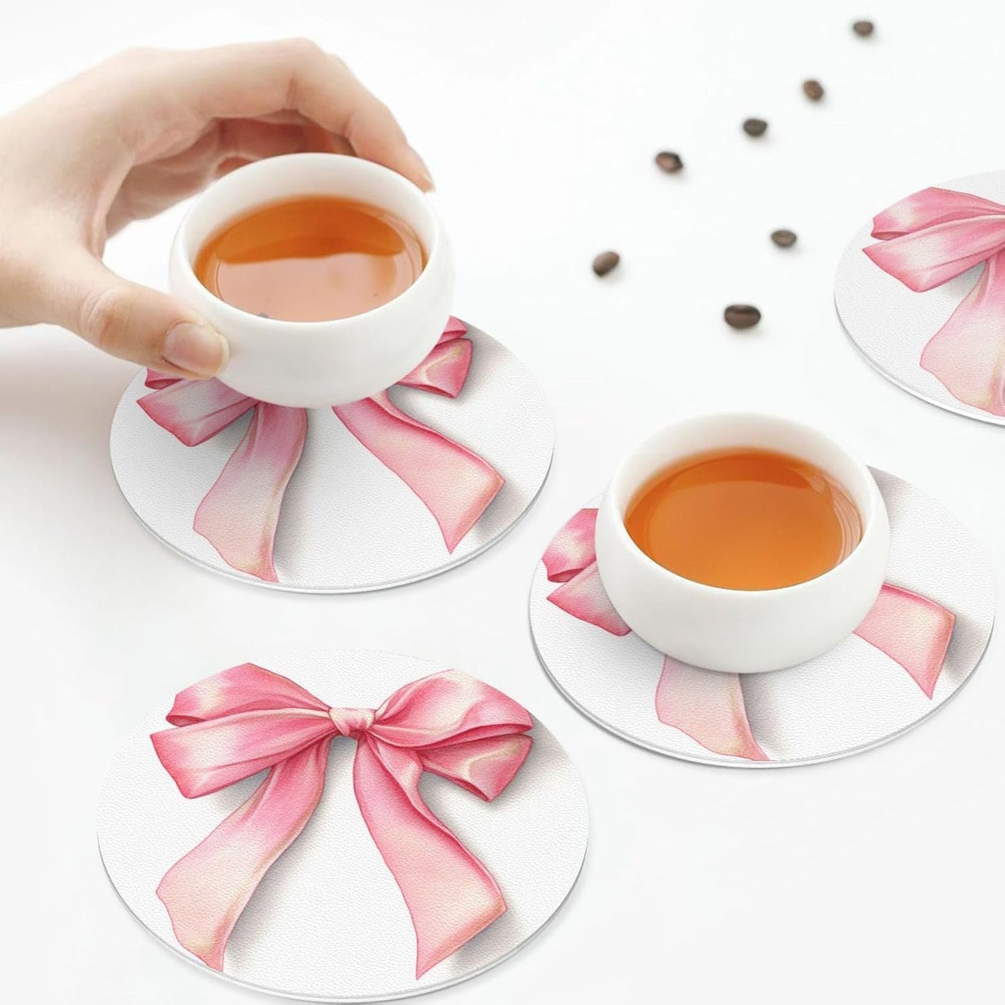 Watercolor Light Pastel Pink Ribbon Bow Drinks Coasters Set of 4 Leather Drink Coasters for Tabletop Protection Heat Resistant Bar Cup Mat Pad