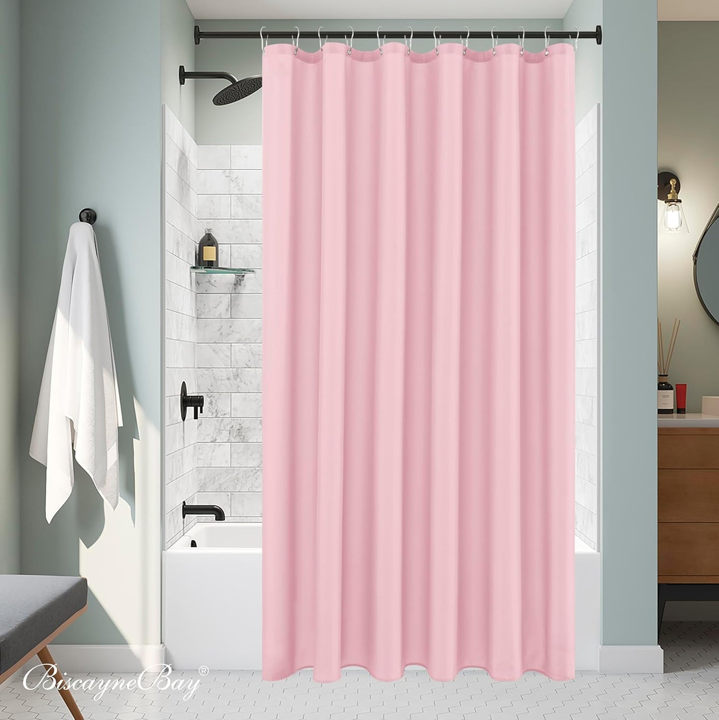 Biscaynebay Hotel Quality Fabric Shower Curtain Liners 72 Inch by 72 Inch, Pink Water Resistant Bathroom Curtains, Rust Resistant Grommets & Weighted Bottom Machine Washable