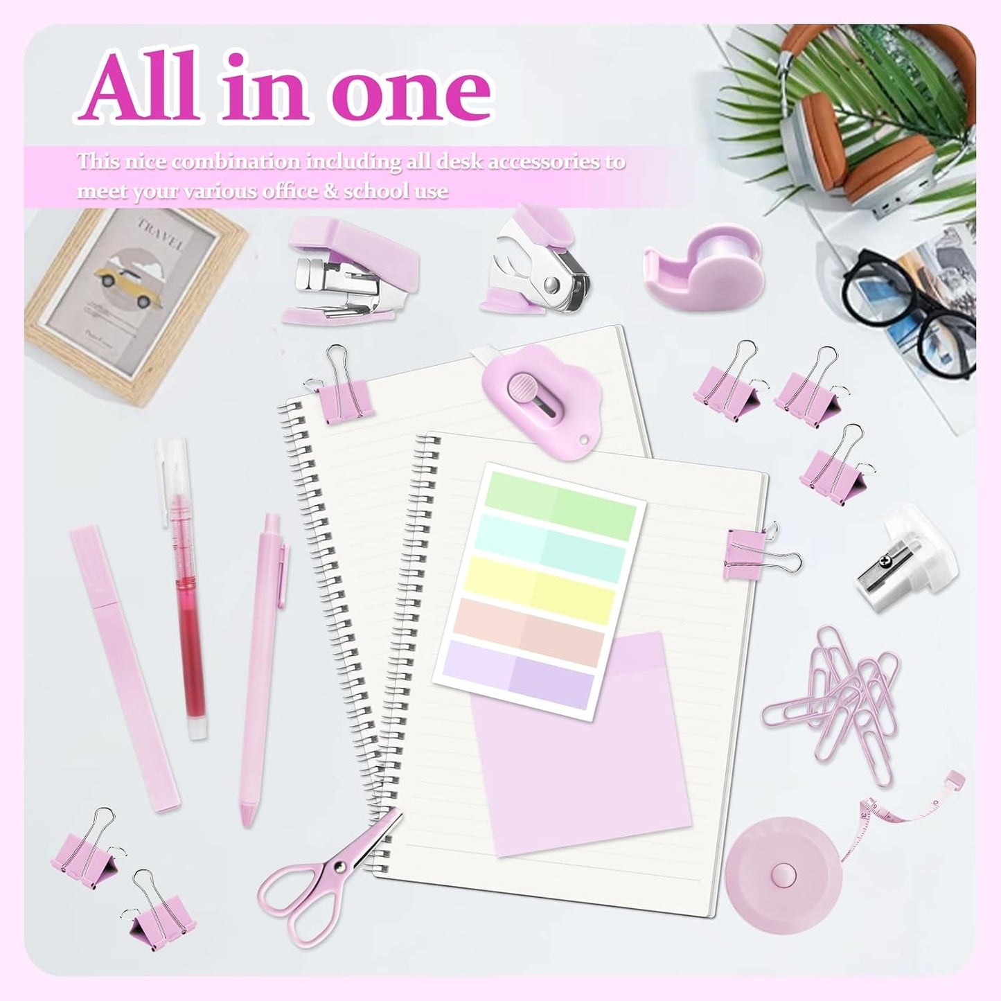 Mini School Supplies Kit, Pink Stapler with Staples and Tape Dispenser Set, Mini Stationary Set Includes Sticky Notes Index Tabs Highlighters Gel Pens for Office & Back to School Supplies
