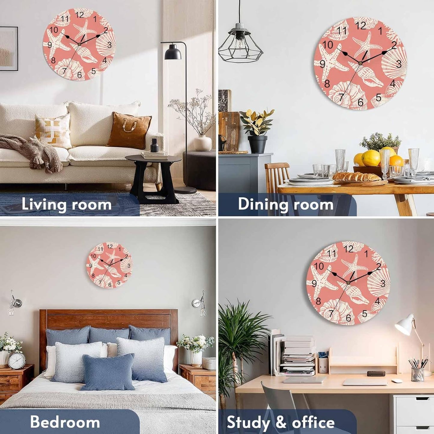 Ocean Coastal Wall Clocks Battery Operated Shells Starfish Conch Coral Red Linen Large Wall Clock for Bedroom Kitchen Living Room Bathroom Decorative 10"x10"