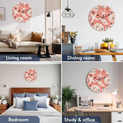 Ocean Coastal Wall Clocks Battery Operated Shells Starfish Conch Coral Red Linen Large Wall Clock for Bedroom Kitchen Living Room Bathroom Decorative 10"x10"