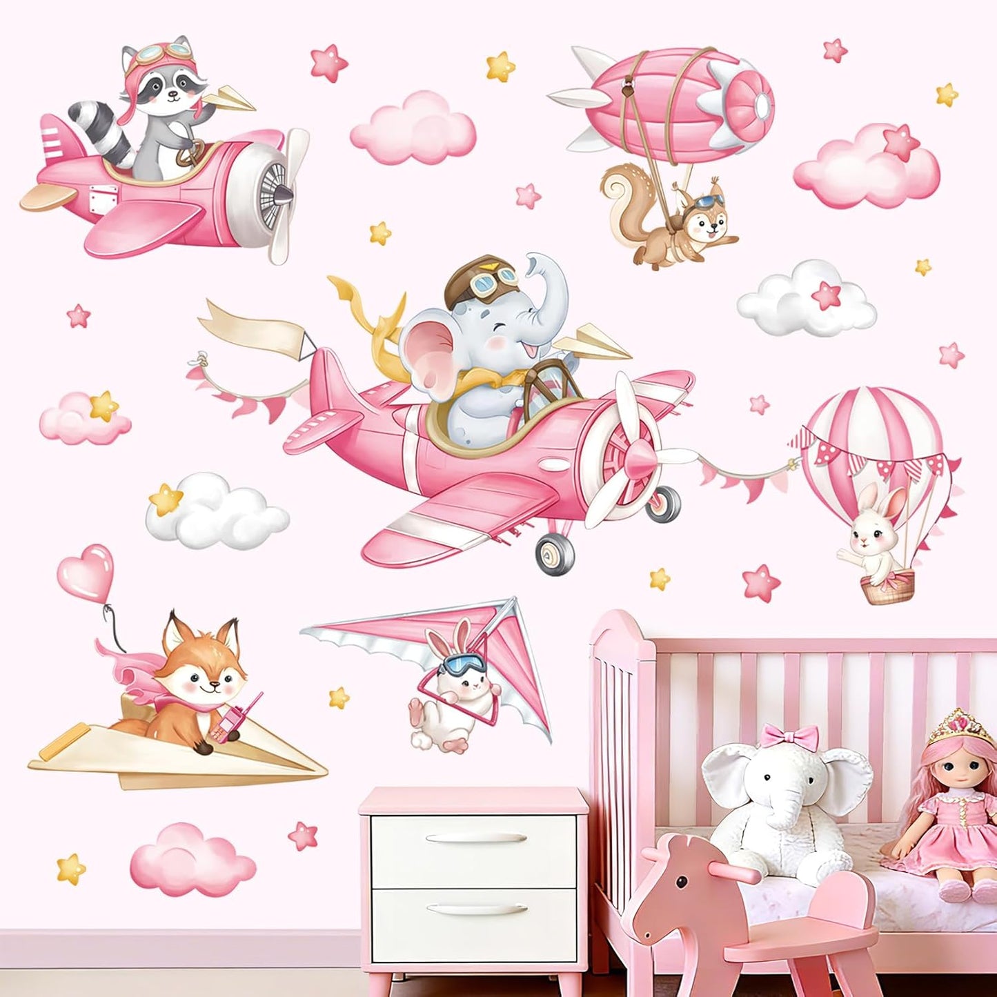 decalmile Pink Airplane Animals Wall Stickers Elephant Fox Rabbit Hot Air Ballon Wall Decals Baby Nursery Kids Bedroom Playroom Wall Decor