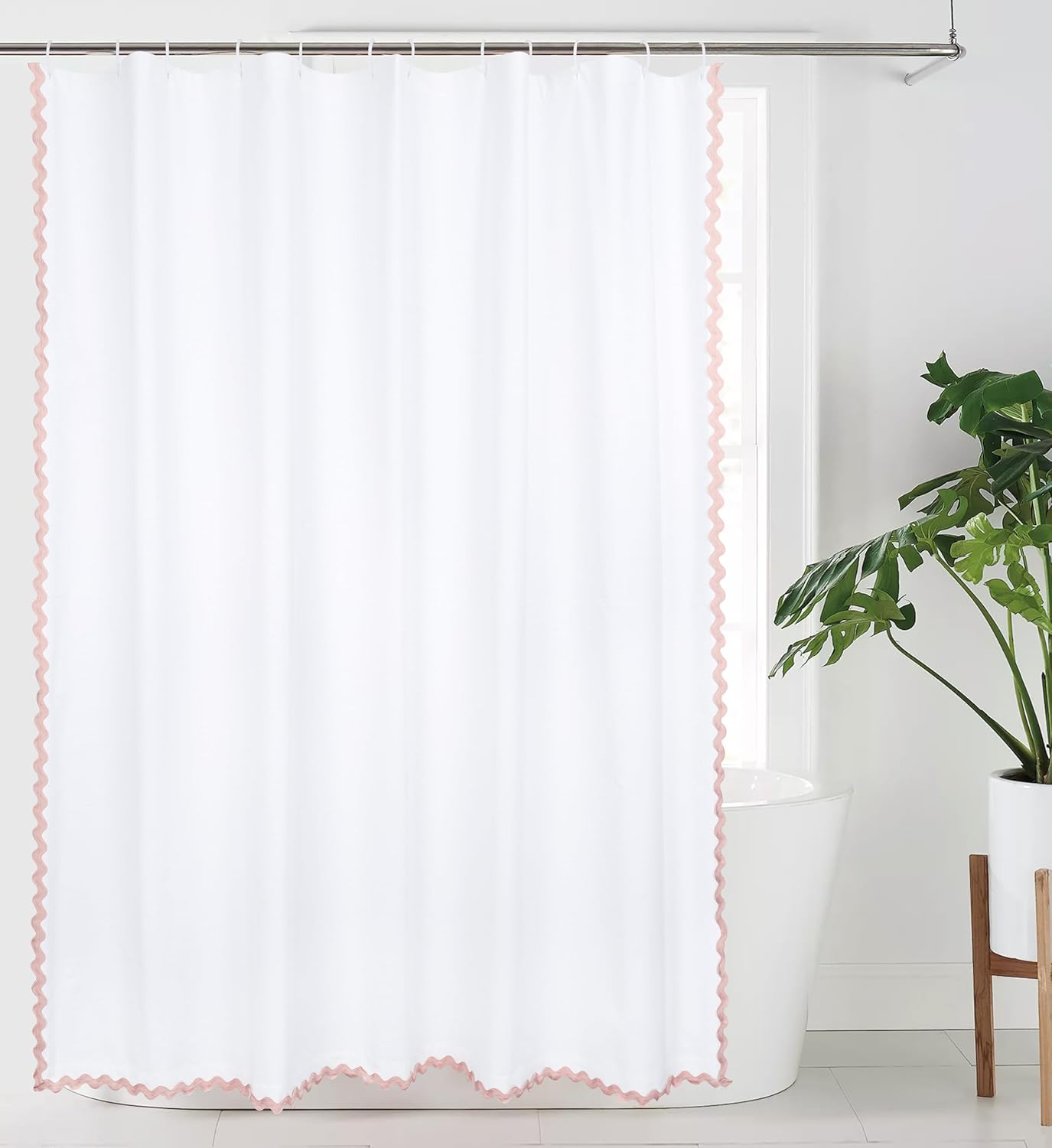 YINFUNG Scalloped Shower Curtain Pink White Cotton Bathroom Curtains Textured Thick Heavy Duty Cloth Hotel Rustic Girly Neutral 72x72