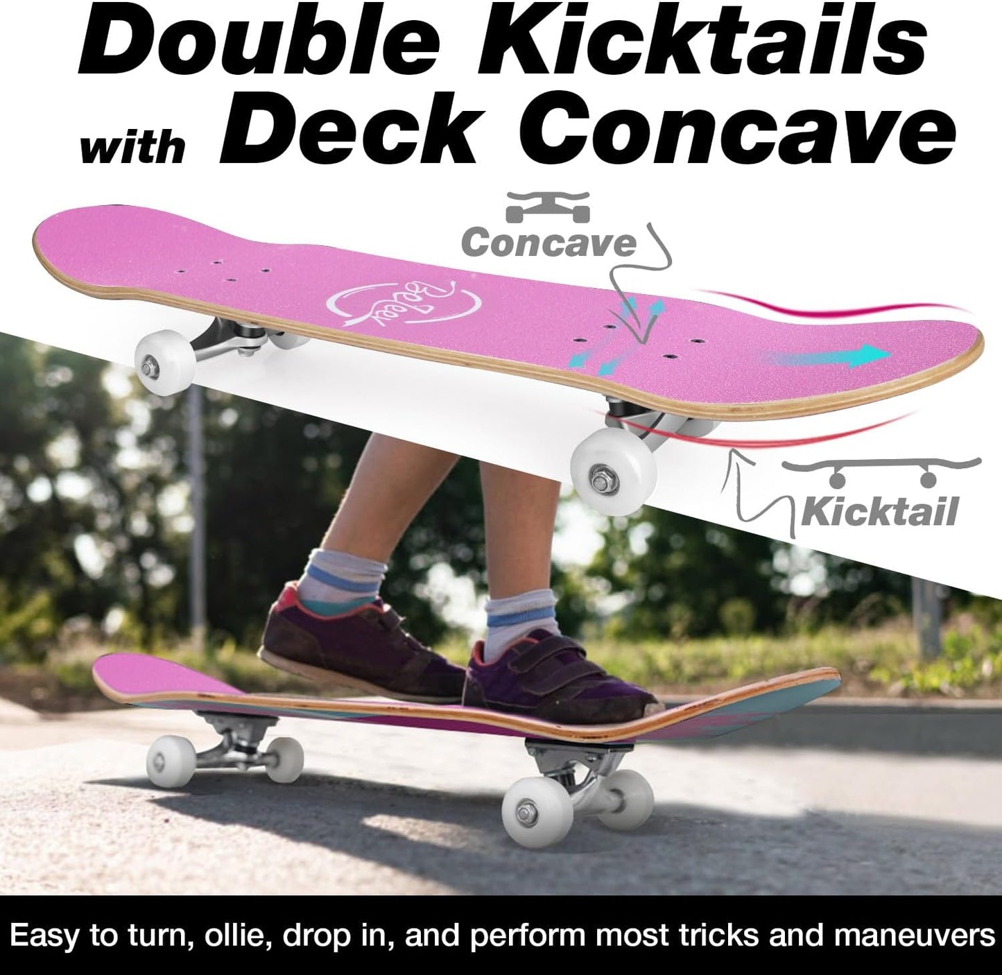 BELEEV Skateboards for Beginners, 31 x 8 inch Complete Skateboard for Kids Teens Adults, 7 Layer Canadian Maple Double Kick Deck Concave Cruiser Trick Skateboard with Multifunction Skate T-Tool