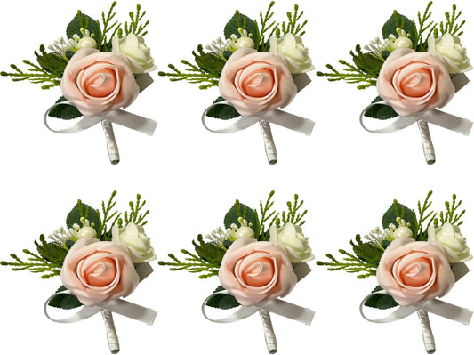 6PCS Blush Pink Boutonniere for Men,Coral Pink Boutonniere Pins for Men Groomsmen Guest, Artificial Flowers for Wedding Decor Prom Homecoming