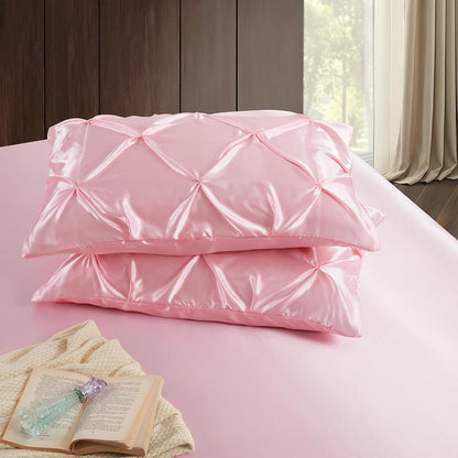 P Pothuiny 3-Piece Set Pintuck Satin Pillowcases & Queen Fitted Sheet, Blush Pink Satin Sheet Silky Soft Luxury Romantic Pinch Pleated Bedding Bedroom Dorm Decor, 15 Inch Deep Pocket