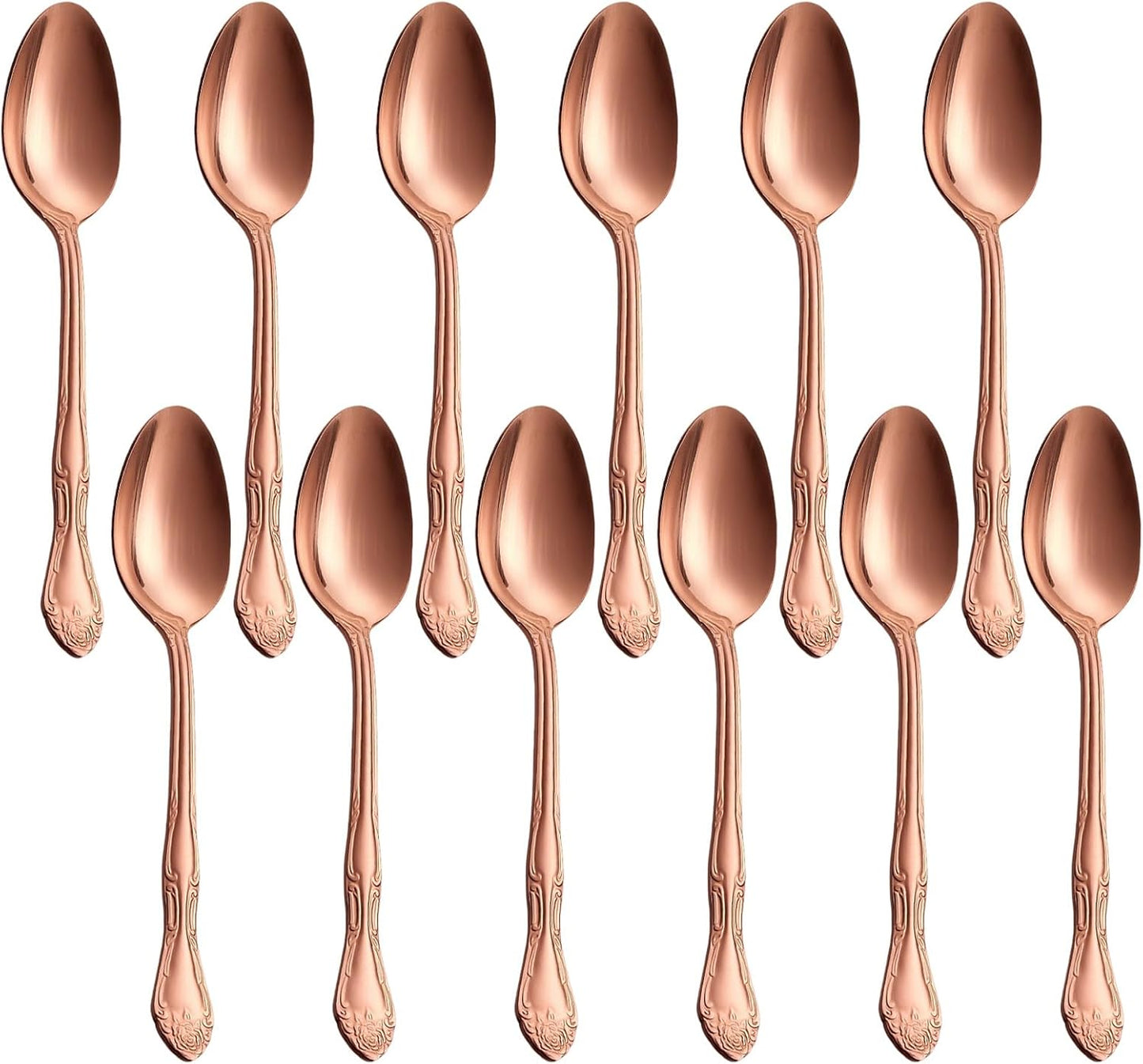 7.1-Inch Matte Rose Gold Dinner Spoons Set of 12, 430 Stainless Steel Satin Finish Soup Spoons, Rose Pattern Heavy Duty Silverware Spoon Set, Dishwasher Safe for Home, Restaurant & Camping