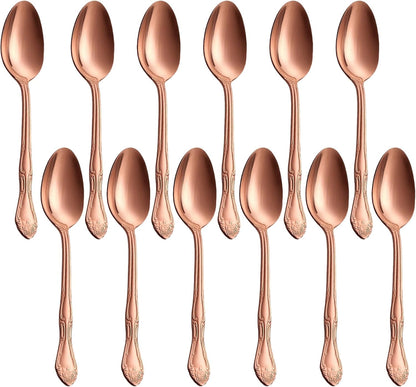 7.1-Inch Matte Rose Gold Dinner Spoons Set of 12, 430 Stainless Steel Satin Finish Soup Spoons, Rose Pattern Heavy Duty Silverware Spoon Set, Dishwasher Safe for Home, Restaurant & Camping
