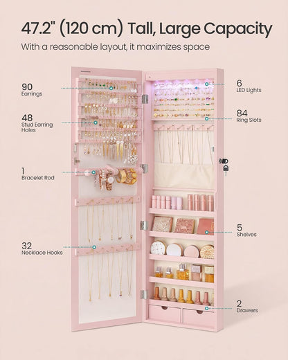 SONGMICS 6 LEDs Mirror Jewelry Cabinet, 47.2-Inch Tall Lockable Wall or Door Mounted Jewelry Armoire Organizer with Mirror, 2 Drawers, 3.9 x 14.6 x 47.2 Inches, Jelly Pink UJJC093SA02S