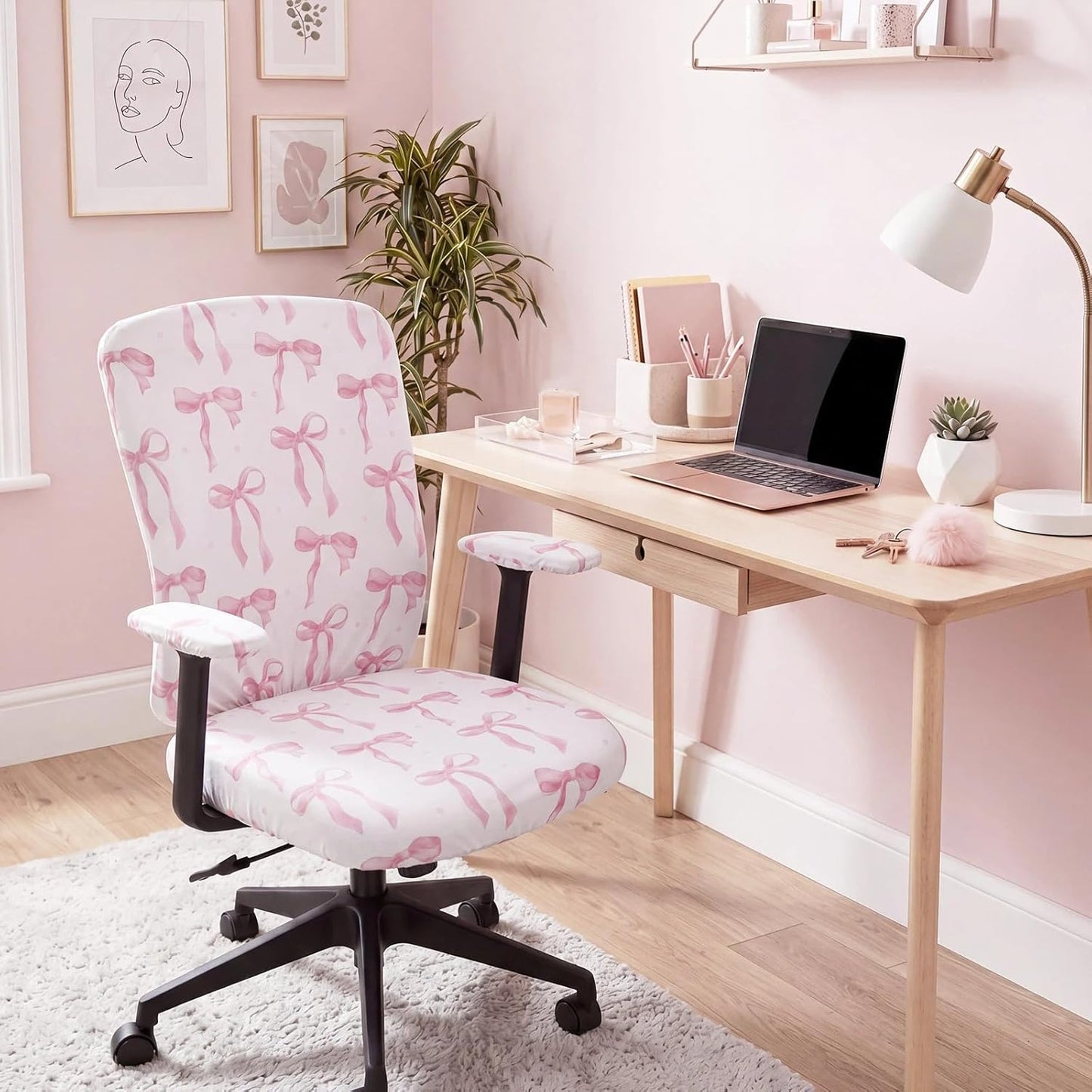 Suncalla 4 Pcs Pink Bow Printed Office Chair Covers Set Stretch Computer Universal Protective Stretchable Chair Seat Covers Washable Desk Armrest Slipcovers Pads Office Cushion Backrest for Rotating