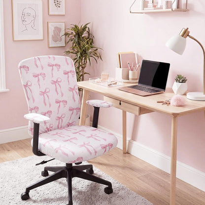 Suncalla 4 Pcs Pink Bow Printed Office Chair Covers Set Stretch Computer Universal Protective Stretchable Chair Seat Covers Washable Desk Armrest Slipcovers Pads Office Cushion Backrest for Rotating