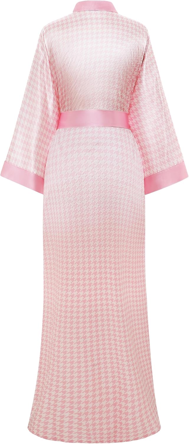 PRODESIGN Kimono Robes for Women - Houndstooth Satin Sleepwear Silky Nightgown Bathrobe Dressing Gown Blouse Cardigan Robe