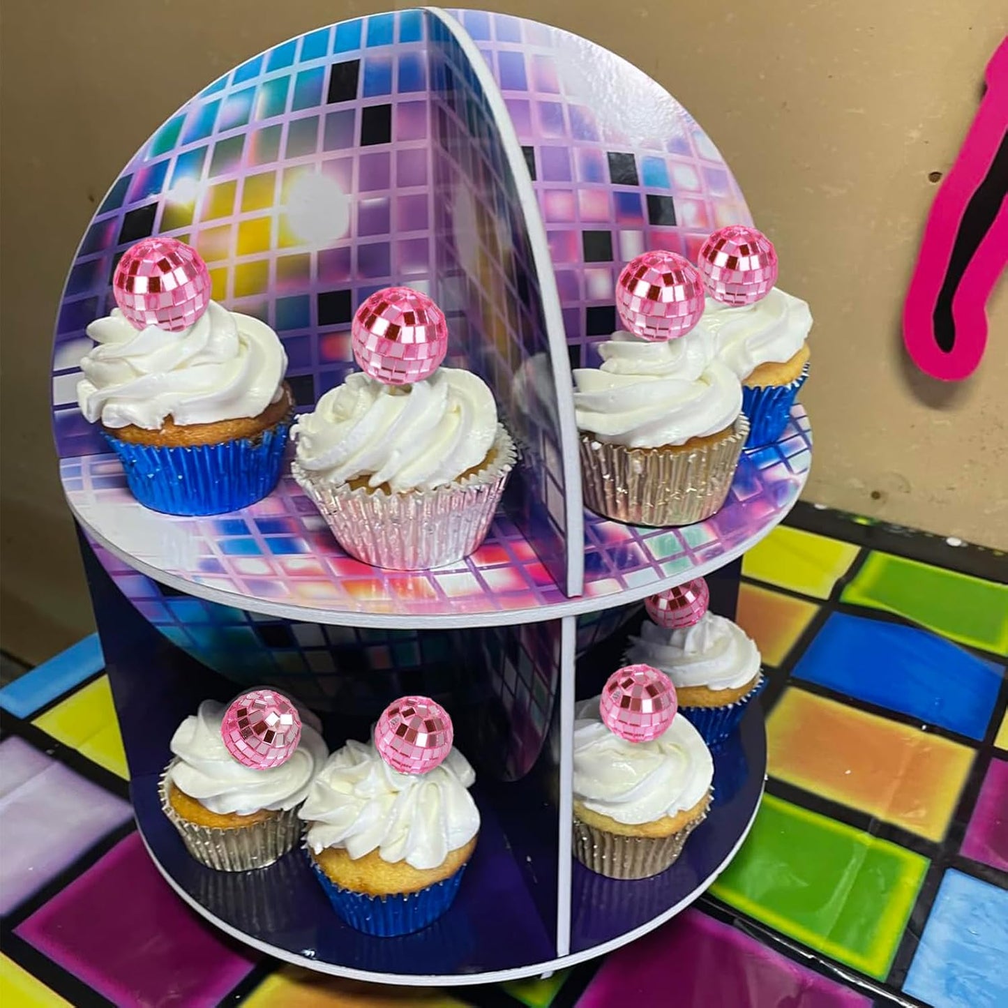 24 PCS Pink Disco Ball Cupcake Toppers Disco Ball Cupcake Picks Reflective Mirror Ball Cake Toppers Disco Table Decorations for 70s Disco Theme Birthday Party Christmas Decorations