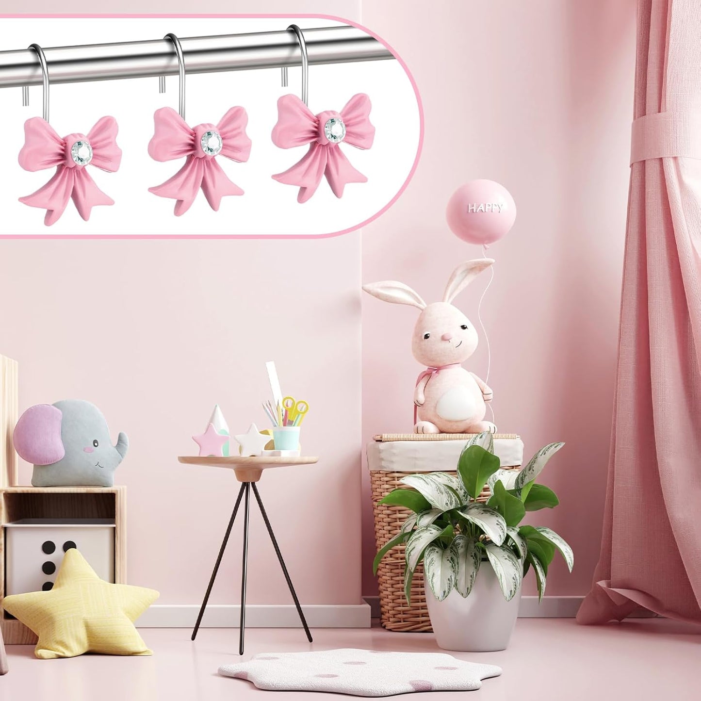 CroBlissful 12 Pcs Pink Bow Decorative Shower Curtain Hooks Bow Shower Curtain Stainless Steel Resin Knot Hooks Bulk Decorative for Home Bathroom Decor Supplies