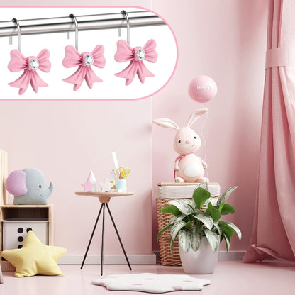 CroBlissful 12 Pcs Pink Bow Decorative Shower Curtain Hooks Bow Shower Curtain Stainless Steel Resin Knot Hooks Bulk Decorative for Home Bathroom Decor Supplies