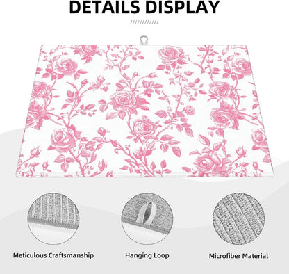 Pink Floral Rose Toile Pattern Dish Drying Mat For Kitchen Counter, Drain Rack Mat Microfiber Quick Dry Dish Pad