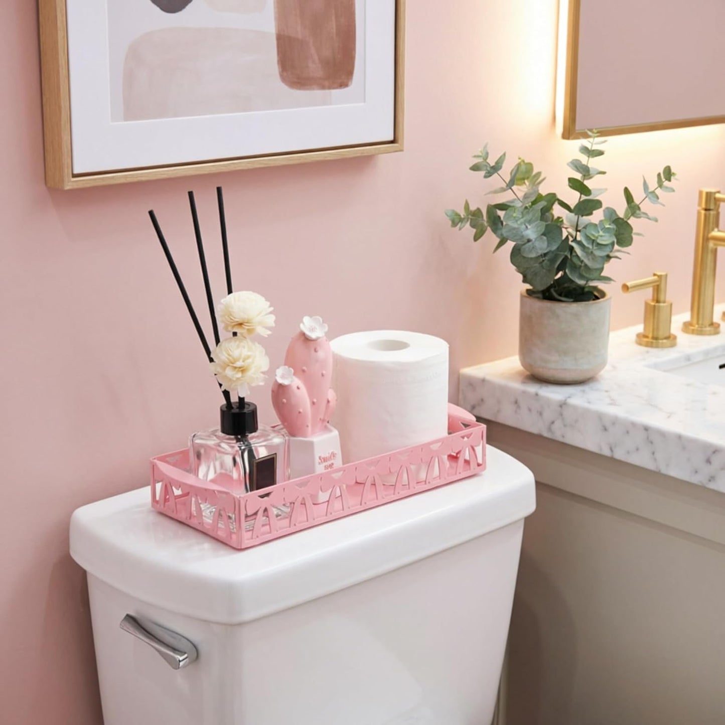 Pink Bow Toilet Paper Basket, Cute Metal Toilet Tank Organizer with Handle, Coquette Preppy Bathroom Storage Holder for Toilet Paper, Bathroom Decor for Restroom