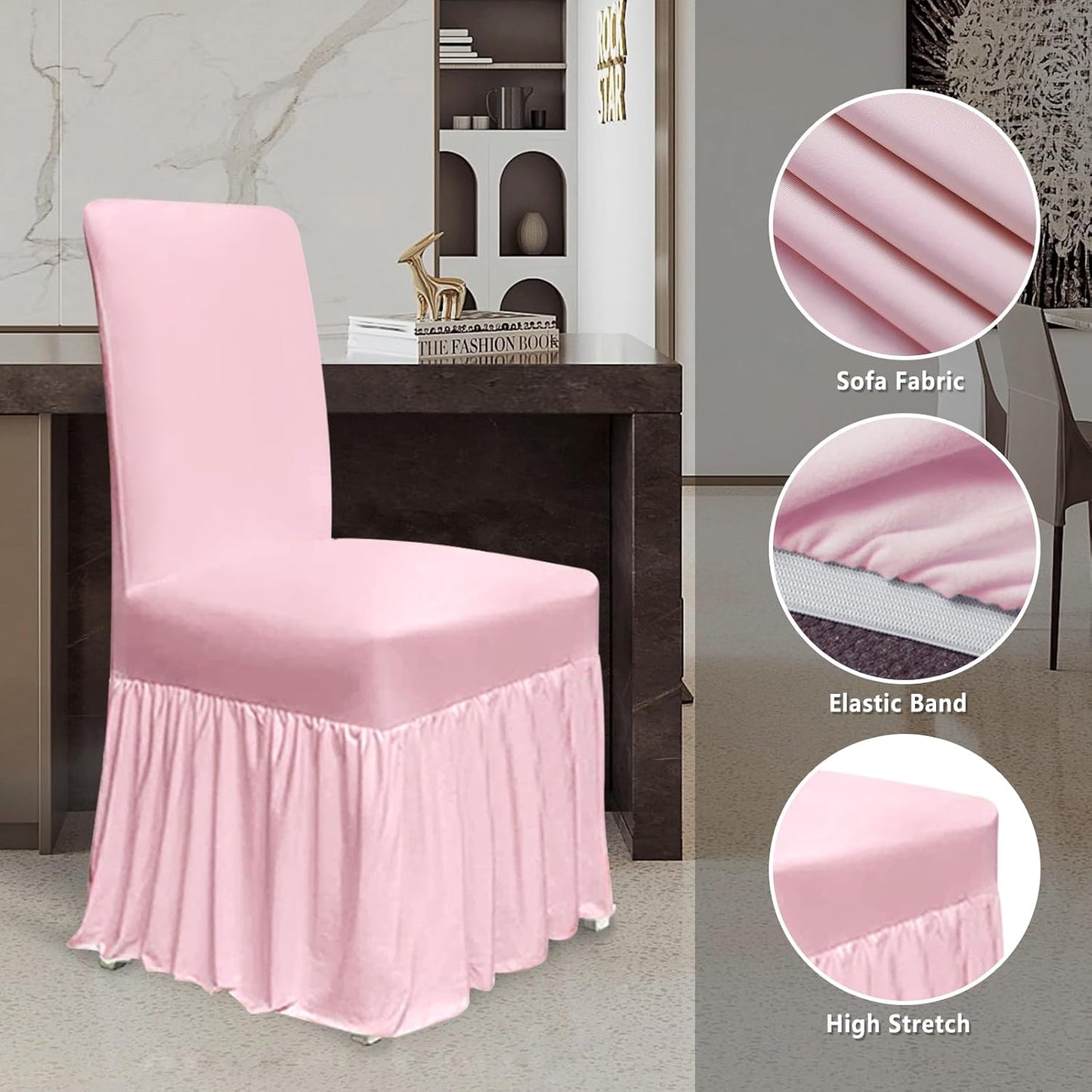 molasofa Chair Covers for Dining Room Set of 6 Stretch Chair Slipcovers with Skirt for Kitchen Seat Protectors Wedding Banquet Decor Kids Pets Spandex Fabric Washable (6pcs, Pink)