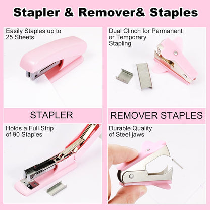 Gawsey Desk Organizers and Accessories Set with 360-Degree Rotating Pen Holder, Tape Dispenser, Stapler, Staple Remover, 1000 Staples, Tape, Clips Set, Ruler, Scissor, Pen (Pink-A)