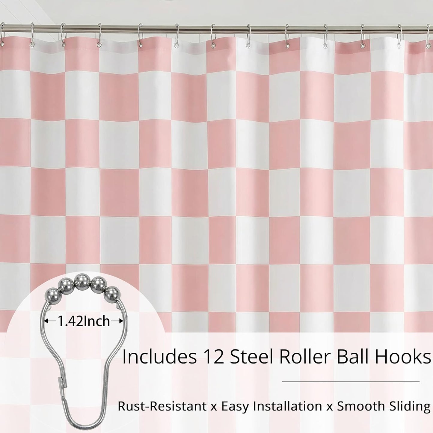 Pink and White Checkered Shower Curtain, Water Proof, Quick Dry, 12 Metal Roller Ball Hooks Included, Machine Washable, Modern Bathroom Decor (Pink and White, W72×L72)