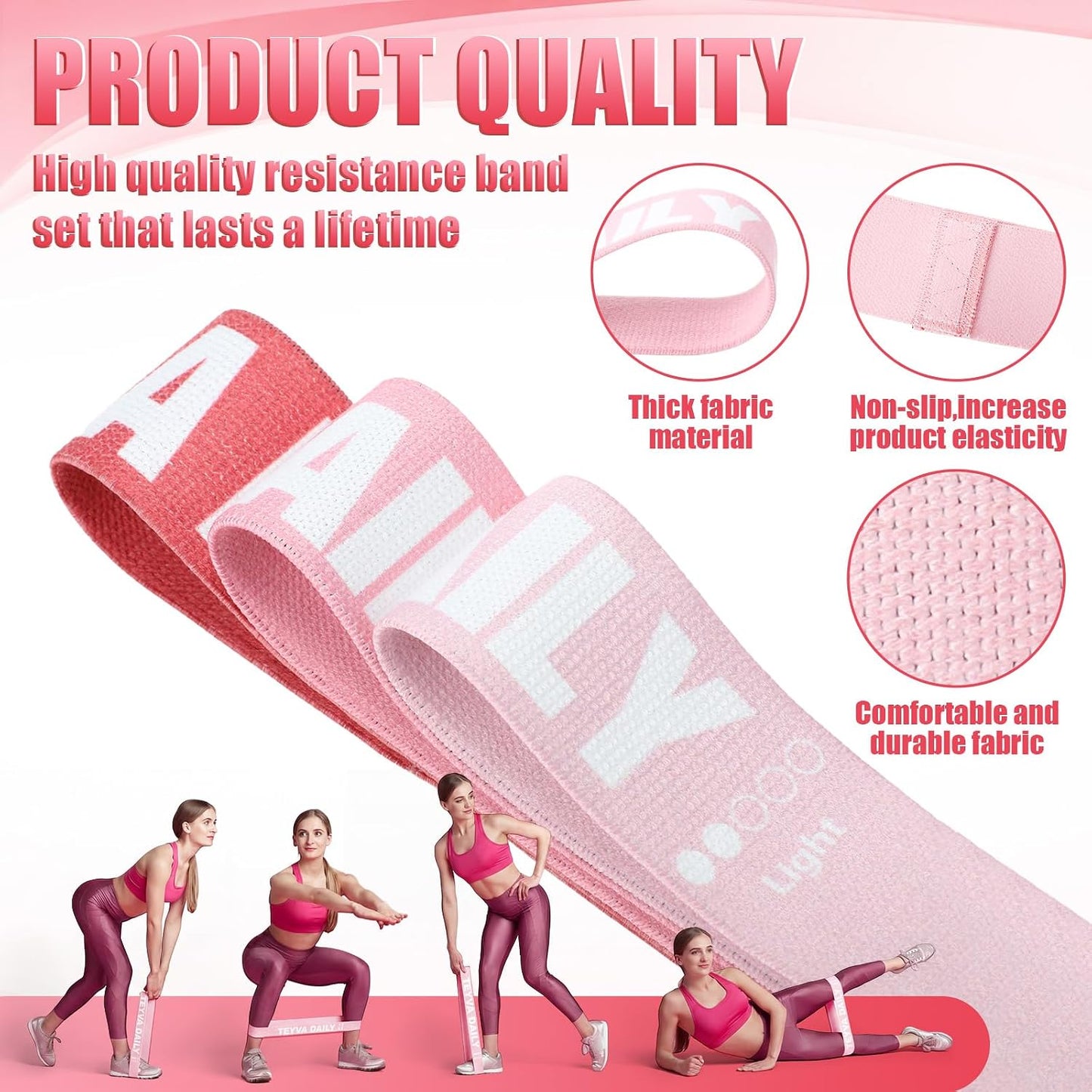 12 Pcs Fabric Resistance Bands for Working Out, Non-Slip Exercise Bands for Women, Pink Booty Elastic Loop Band for Glute Butt Thigh Yoga Pilates Stretching Gym Studio
