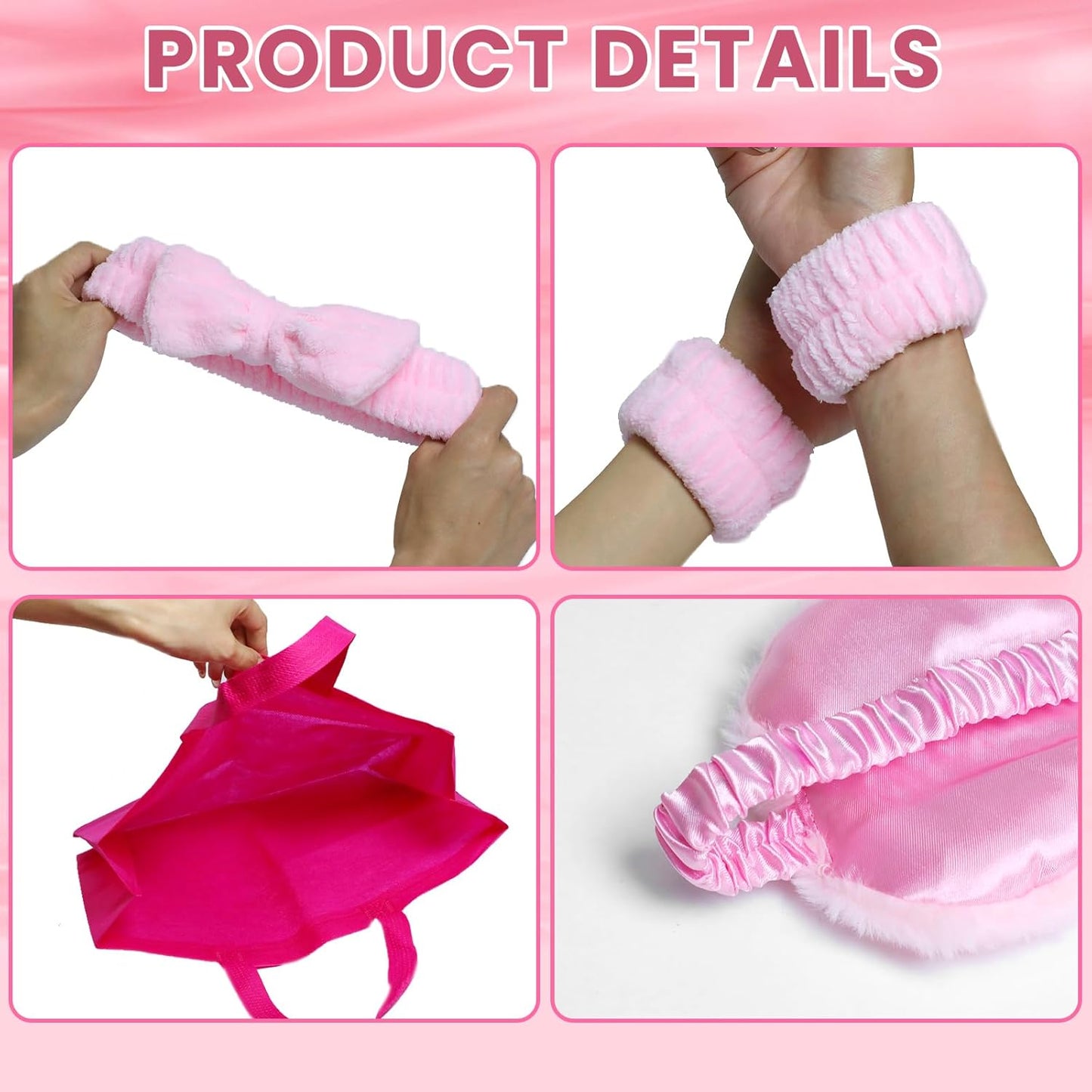 18 Pcs Sleepover Party Supplies for Girls, Sleepover Stuff Eye Mask Spa Headband Hair Scrunchie Tote Bag, Slumber Party Supplies for Women, Wash Cloths Hairbrush Sleeping Stuff Accessories (Pink)