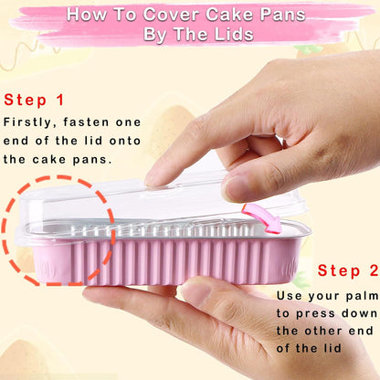 50 Pack Mini Loaf Pans with Lids and Spoons, 6.8 Oz Mini Cake Pans with Lids for Baking,Pink Disposable Rectangle Aluminum Foil Loaf Pan with Ribbon Stickers，Small Cake Containers Tin（Pink）