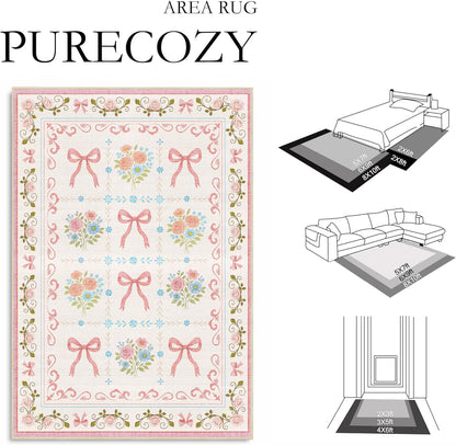 Bow 5x7 Area Rug Pink Princess Rugs Machine Washable Non-Slip Low-Pile Floor Carpet Mat for Girls Room Nursery Vanity Living Room Bedroom Dining Room Office