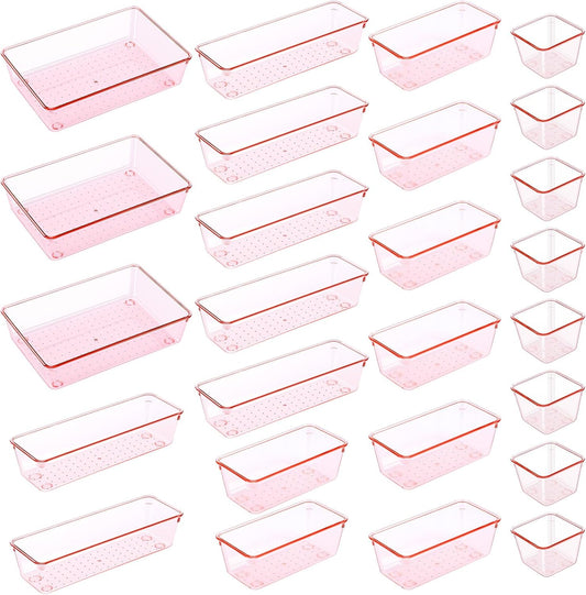 25pcs Pink Plastic Drawer Organizer Set, Clear Stackable Drawer Organizer,Kitchen Drawers Dividers for Bathroom, Office, Kitchen Cabinets and Dressing Tables